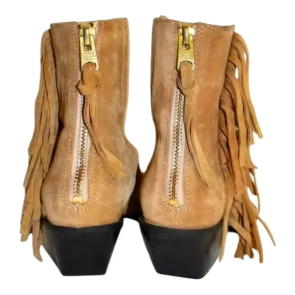 ALLSAINTS Layla Suede Fringe Bootie Cognac Sand BLOCK WESTERN‎ Boots 38 US 8